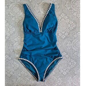 B2PRITY Teal Blue Ruched One Piece Swimsuit V-Neck Scalloped Trim Medium NEW